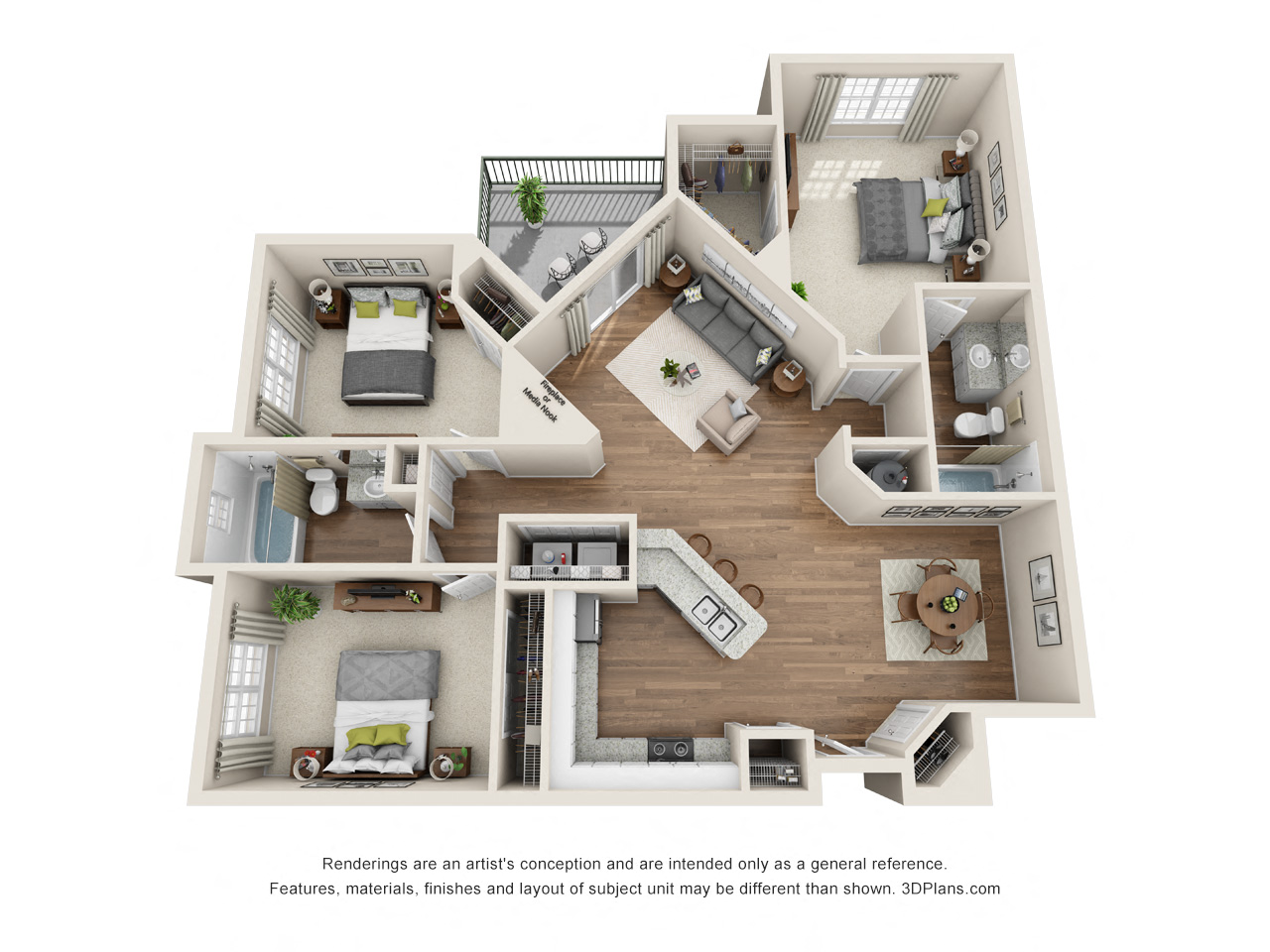 Floor plan for 3 beds, 2 baths, 1254 sqft